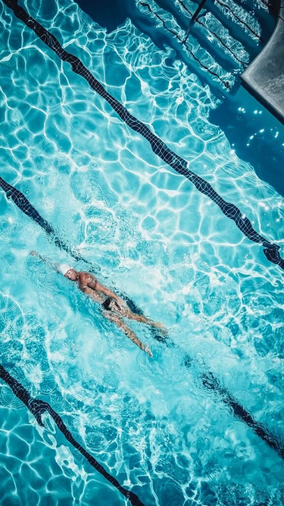 Aerial shot of a male swimmer practicing laps in a bright blue pool.